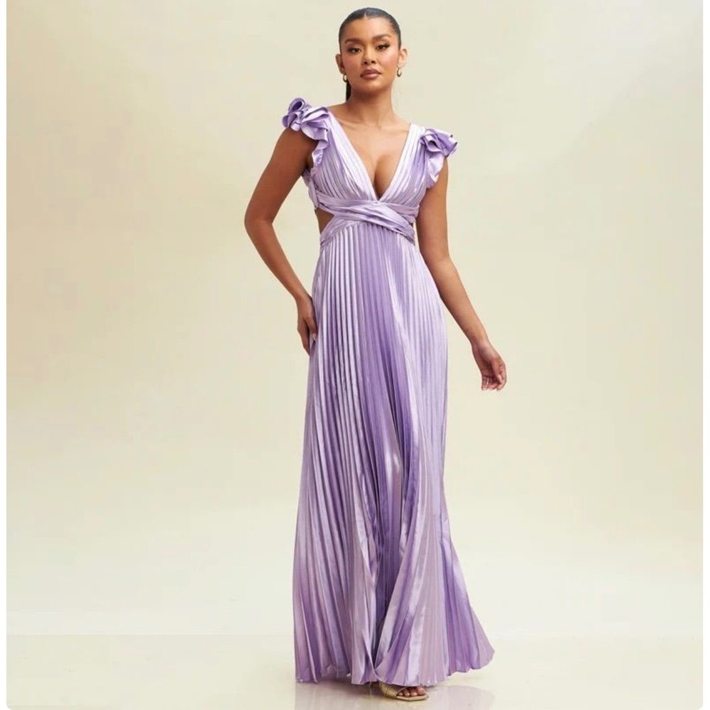 Luxxel Lavender Pleated Maxi Dress Ruffle Lace Up Back Gown LD9322E Women L